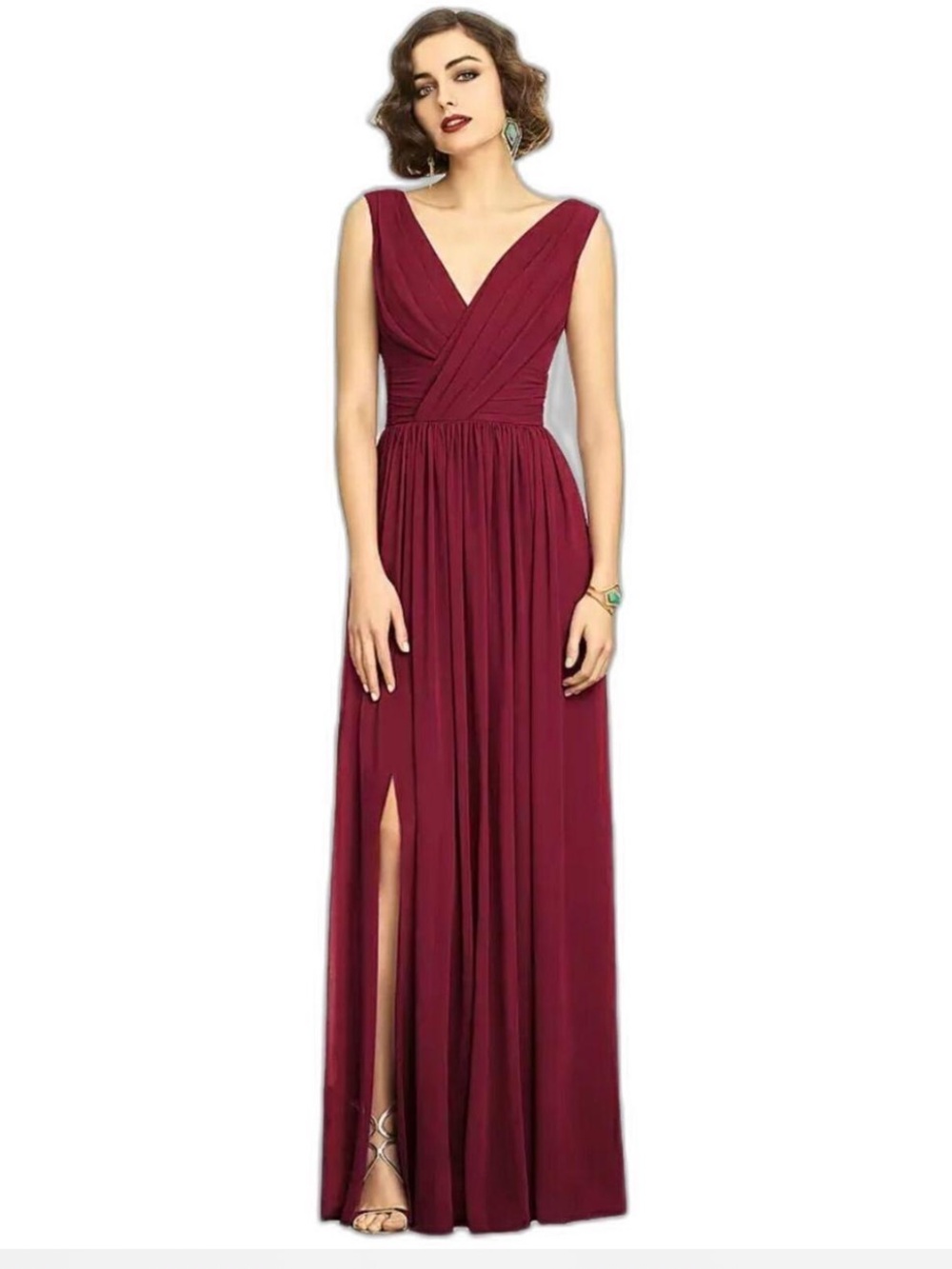 Dessy Collection 2894 Elegant V-Neck Burgundy Maxi Bridesmaid Dress Size 14 - Picture 2 of 10